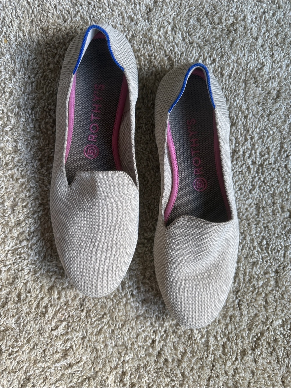 Rothy's Beige Knit Slip-On Flats with Pink and Blue Accents